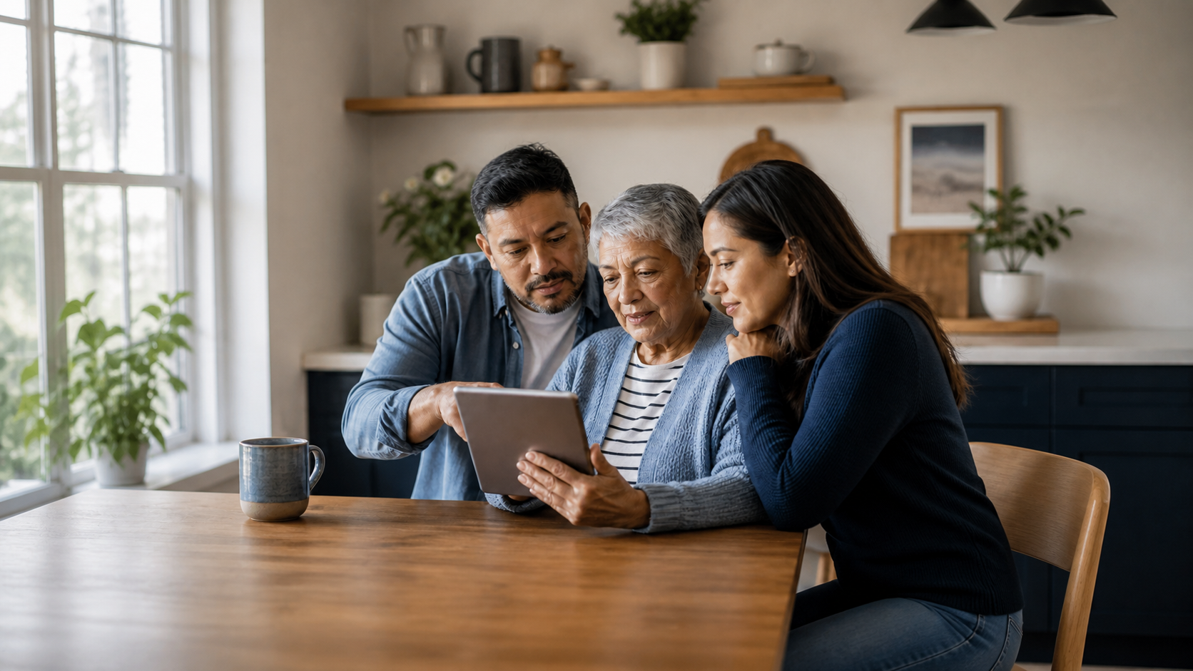 A family reviewing a care chart at the kitchen table