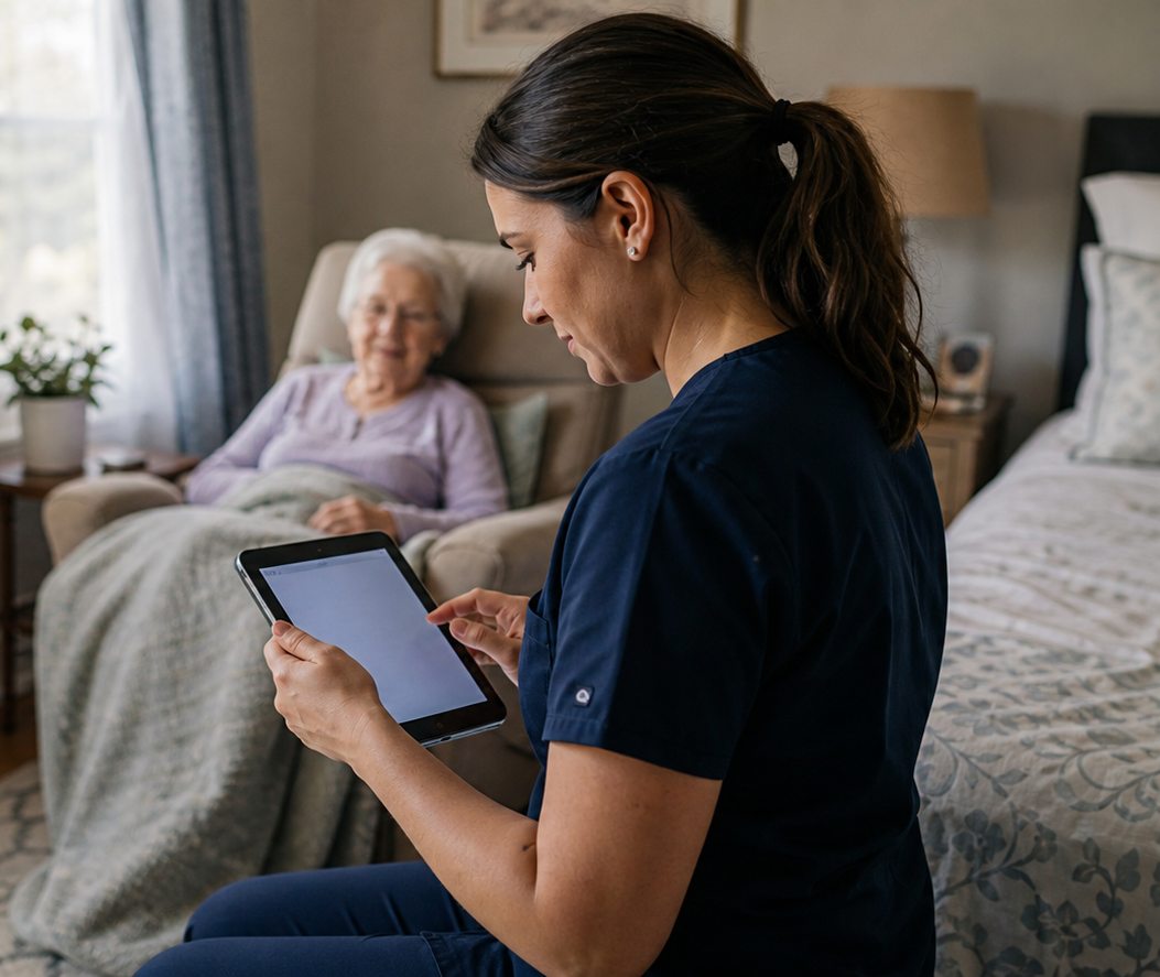 A nurse charting at a patient's bedside